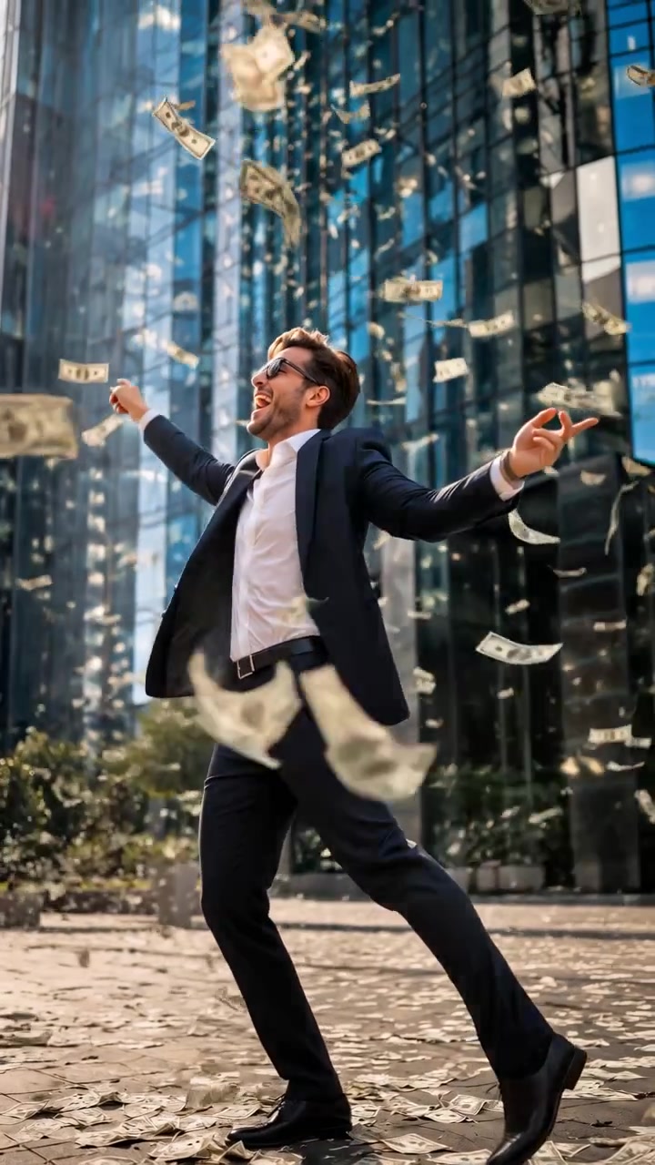 Un uomo allegro in abito scuro e occhiali da sole festeggia all'aperto mentre banconote gli cadono intorno, con edifici per uffici in vetro e la luminosa luce del giorno dietro di lui.