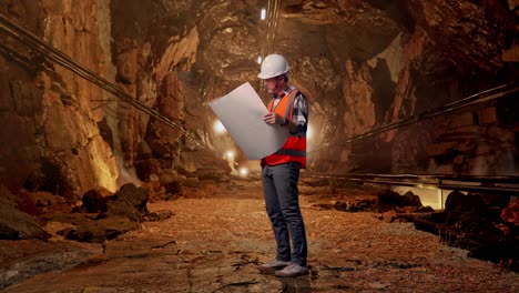 full body side view of asian male engineer with safety helmet looking at blueprint in his hands and looking around while standing in underground mine tunnel