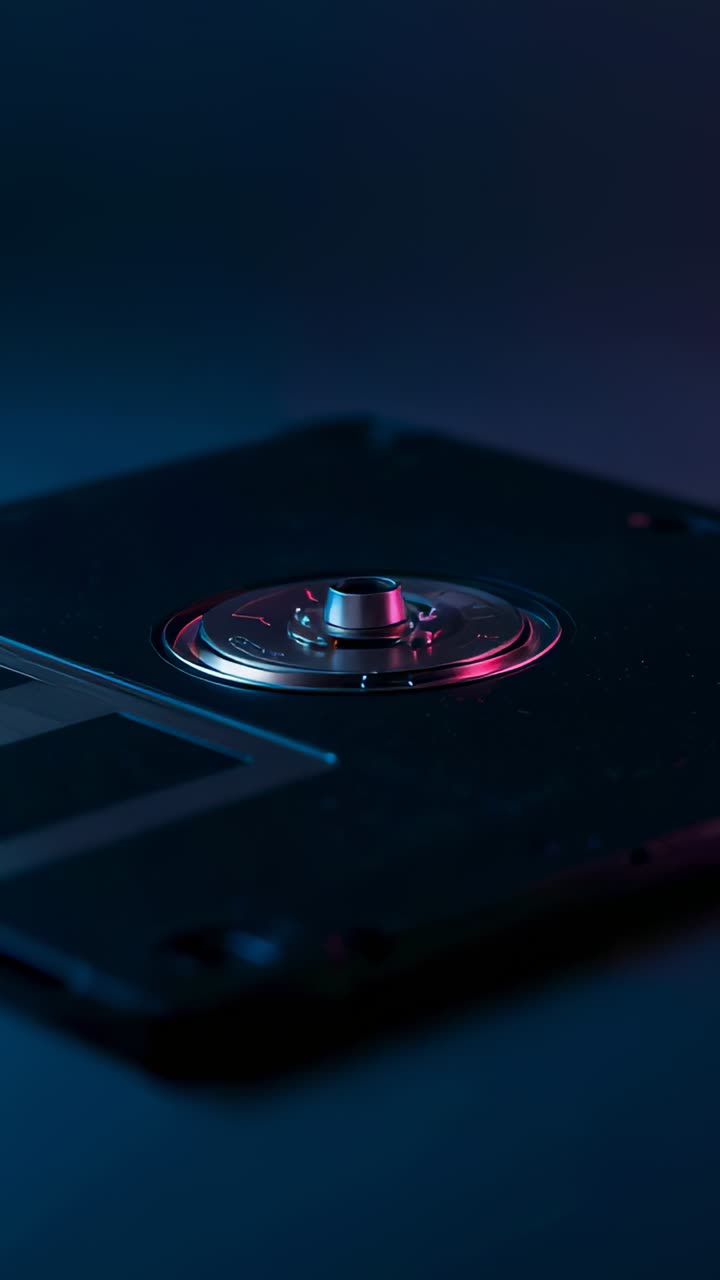 Vertical video: Moving camera, lights sweeping floppy disk hub on tabletop, showing label area