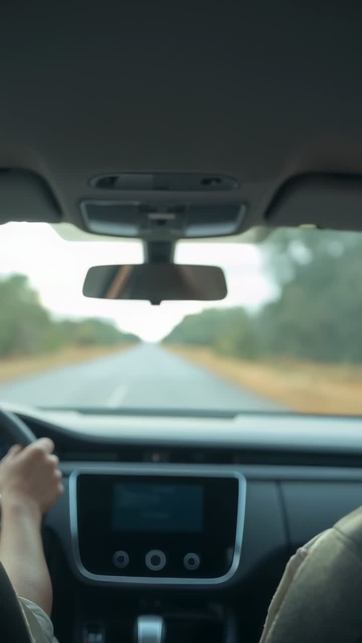 Vertical video: Departing driver in light tee steering on rural road ...