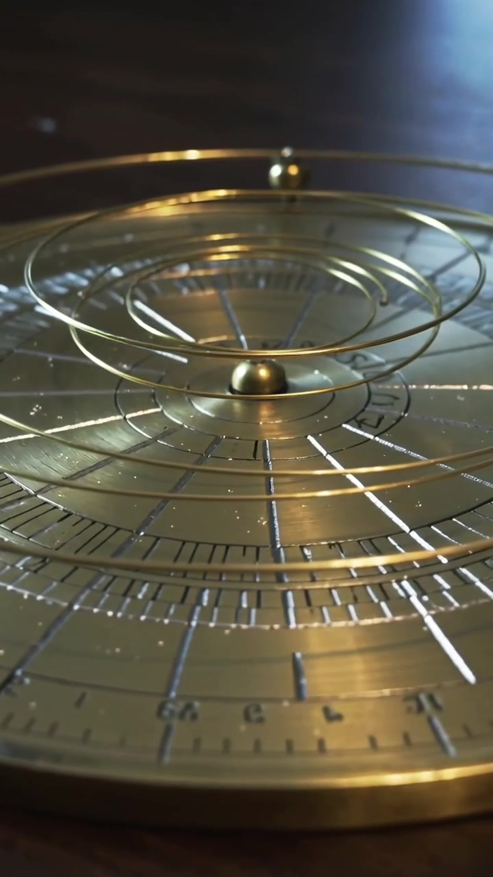 Vertical video: Starting brass orbital model spinning bead clockwise on wood tabletop showing orbit