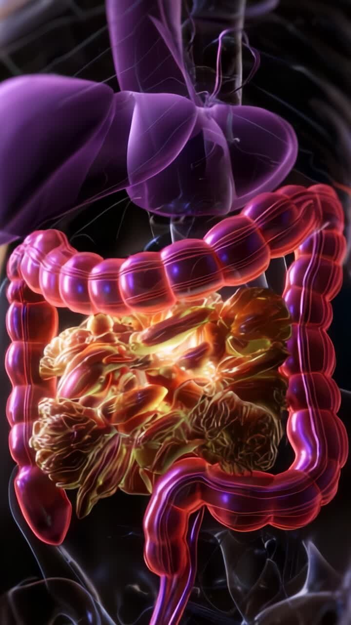 Detailed Visualization of the Human Digestive System Highlighting Organs such as the Stomach and Intestines with Enhanced Colors and Structures to Illustrate Anatomy