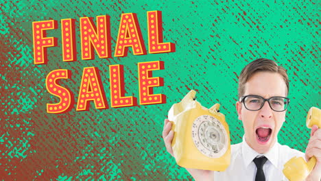 animación del texto final de venta con un hombre gritando sosteniendo un teléfono vintage sobre un fondo verde