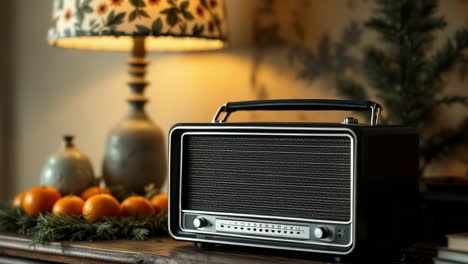 vintage radio on a wooden table with lamp and oranges