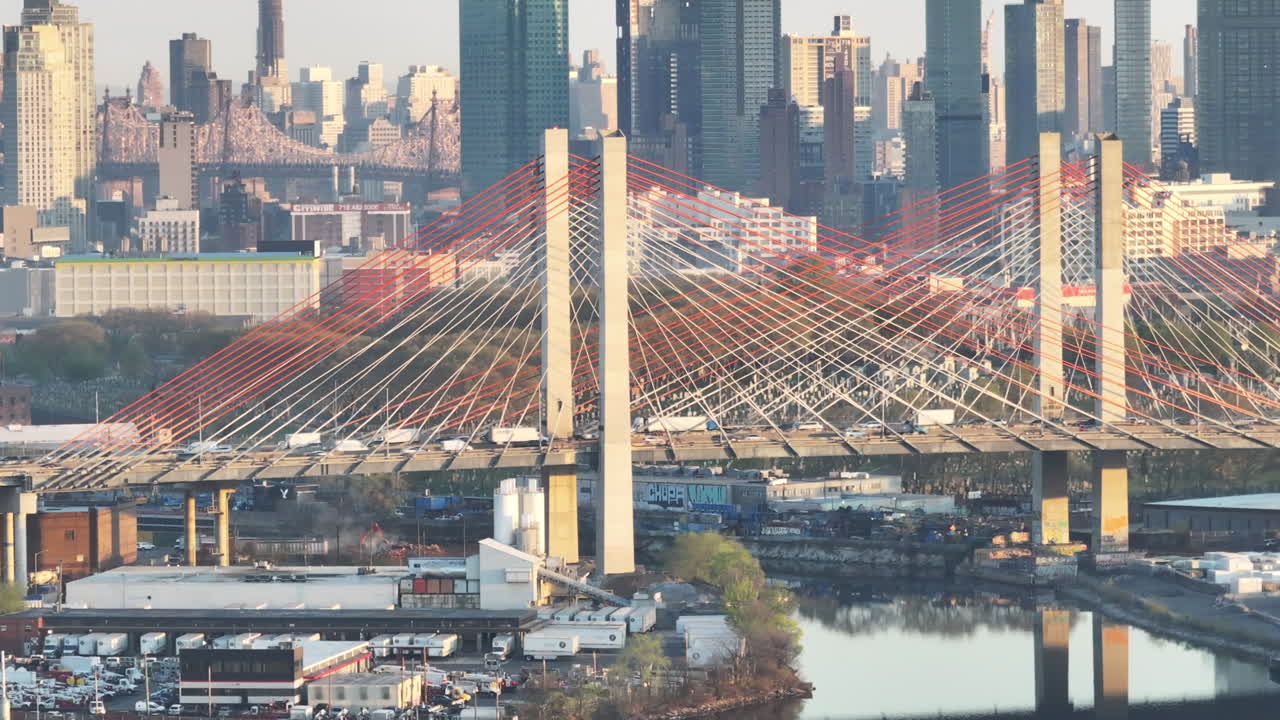 Aerial view of New York City's Kosciuszcko Bridge. Shot at sunrise