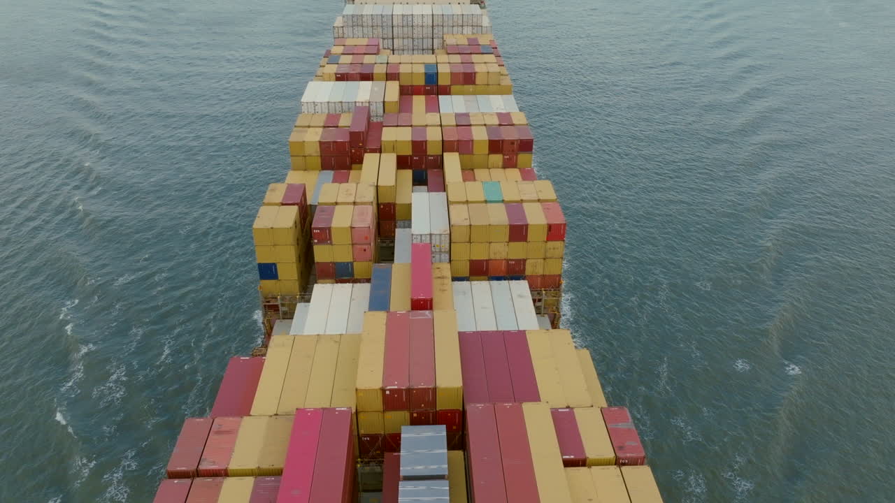Aerial view of a large container ship loaded with cargo on the open sea