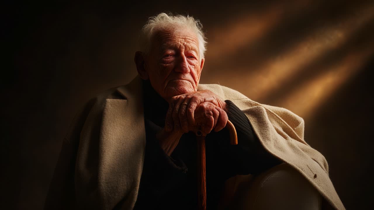 A Captivating Portrait of an Elderly Man Seated in Shadows, Capturing the Essence of Wisdom, Experience, and Reflection, Highlighting the Beauty of Aging with Grace and Dignity