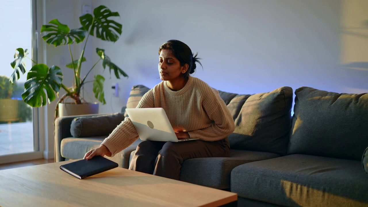 Working woman with bun on sofa pausing while typing on laptop, lifting notebook onto coffee table