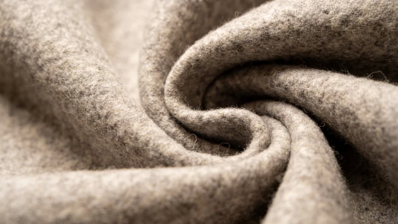 Telecamera che si sposta su un vortice di lana beige in primo piano in studio, rivelando fibre e pieghe.