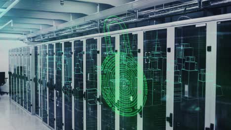 animación del icono del candado de seguridad sobre el modelo de ciudad 3d girando contra la sala del servidor de la computadora.