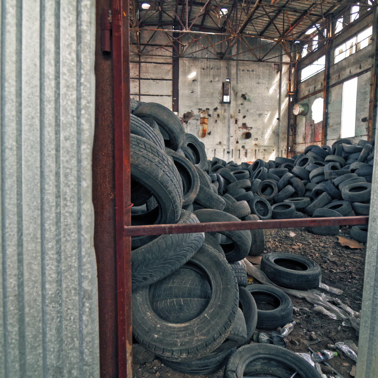A bunch of car tires are in an abandoned factory. View of old factory inside. Close-up.