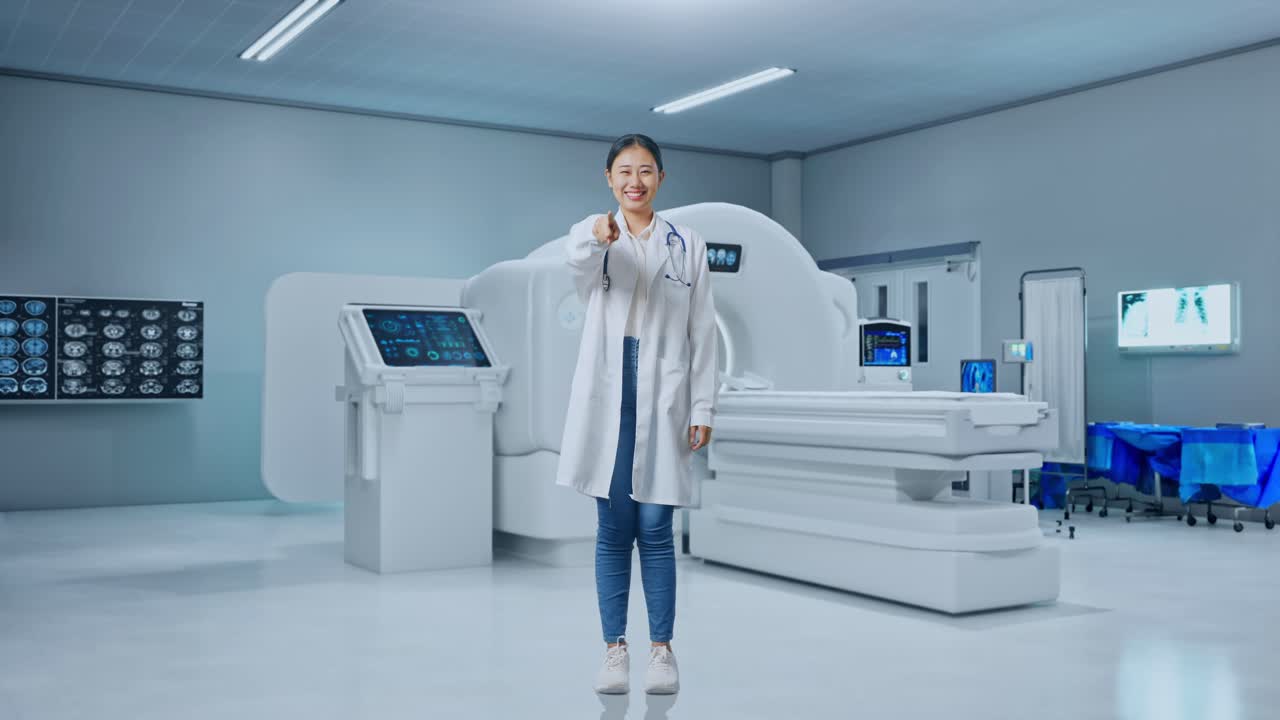 Full Body Of Asian Woman Doctor With Stethoscope Making Honest Gesture And Smiling With Mri Machine In The Hospital