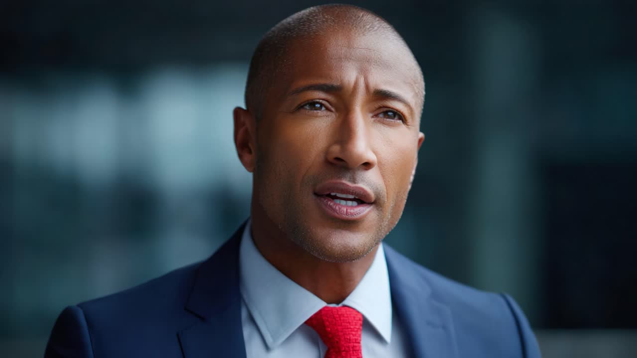 A confident man in a suit passionately addresses an audience, showcasing his leadership and communication skills with a compelling expression and professional demeanor