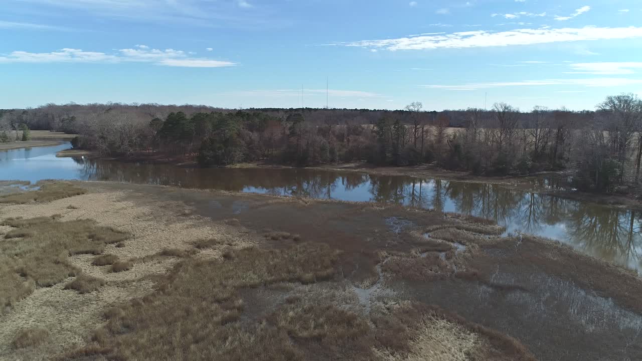 aerial 180 degree turn showing the vegetation and riverbanks of Bennett's Creek in Suffolk Virginia