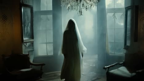 a ghostly figure in a haunted house