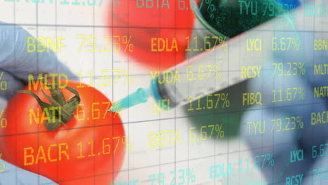 animation of financial data processing over syringe with needle piercing tomato