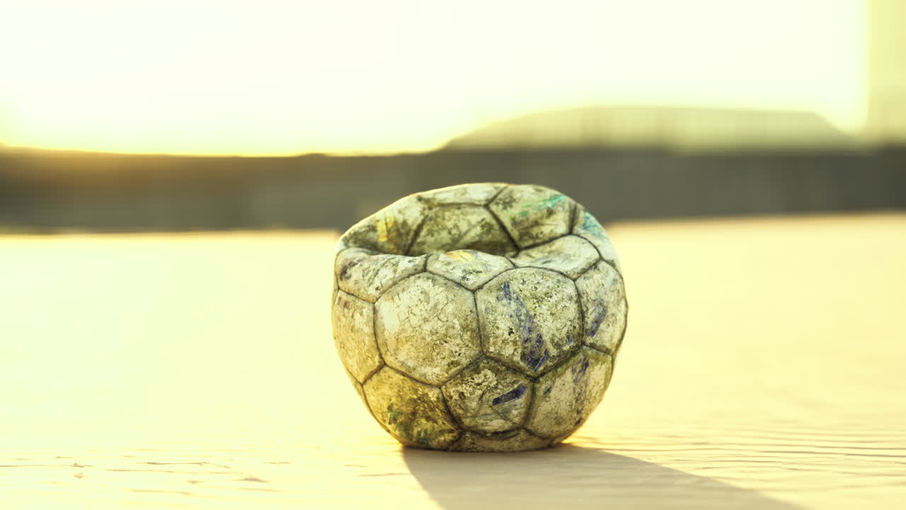Unique soccer ball converted into a decorative item on sandy beach at sunset