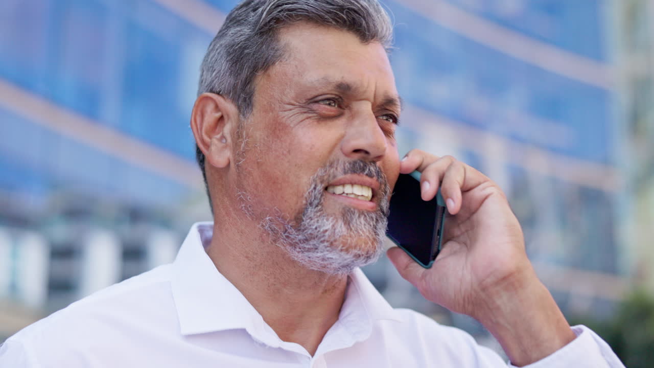 Happy man, senior on business phone call in city