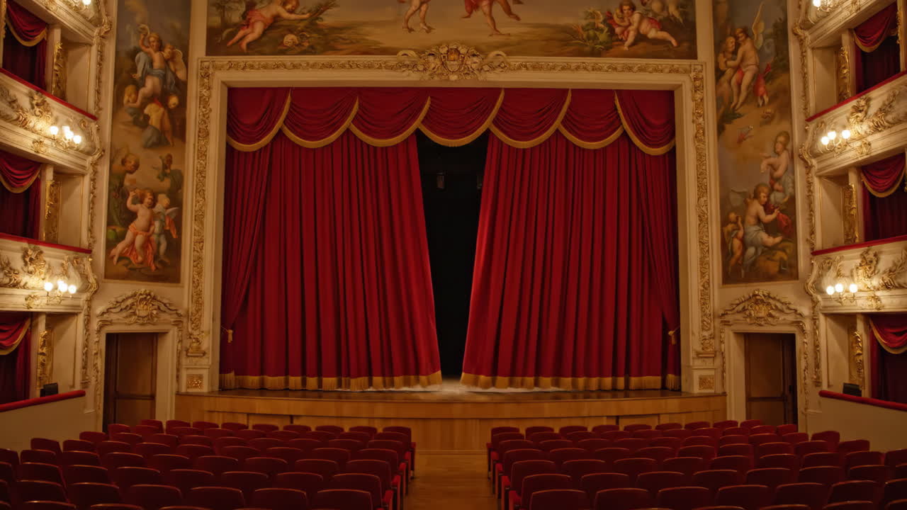 Empty Grand Theatre Stage with Red Curtains and Ornate Decor
