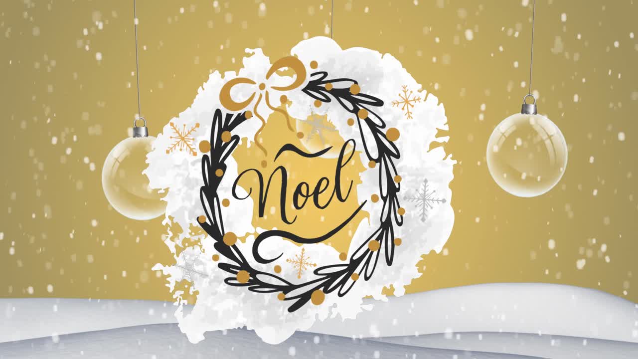 Animation du texte Noël sur fond de boules de Noël