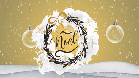 Animation-Von-Noel-Text-über-Weihnachtskugeln