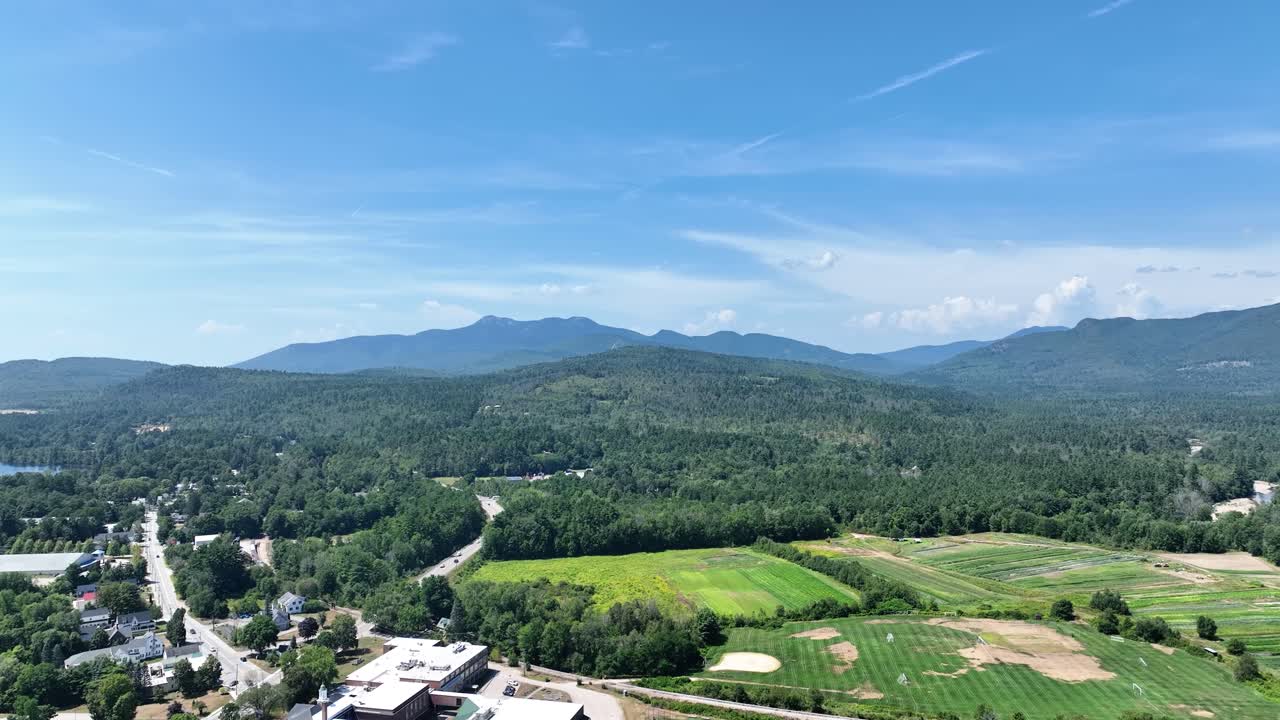 Drone landscape view of the Kancamagus highway and mountains in Conway, New Hampshire