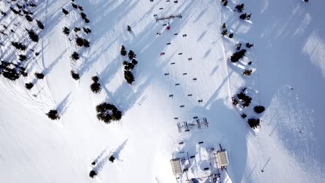 aerial view of people skiing and snowboarding on hill, ski resort