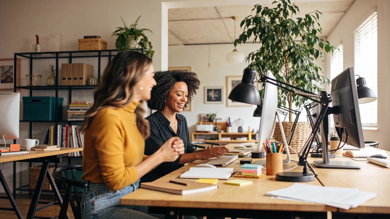 Walking woman in mustard top showing tablet at shared desk, seated colleague typing collaborating
