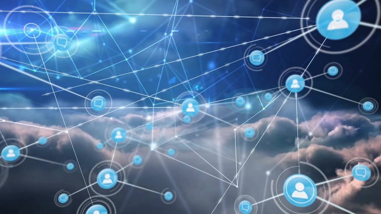 Digitale Netzwerksymbole schweben über Wolken