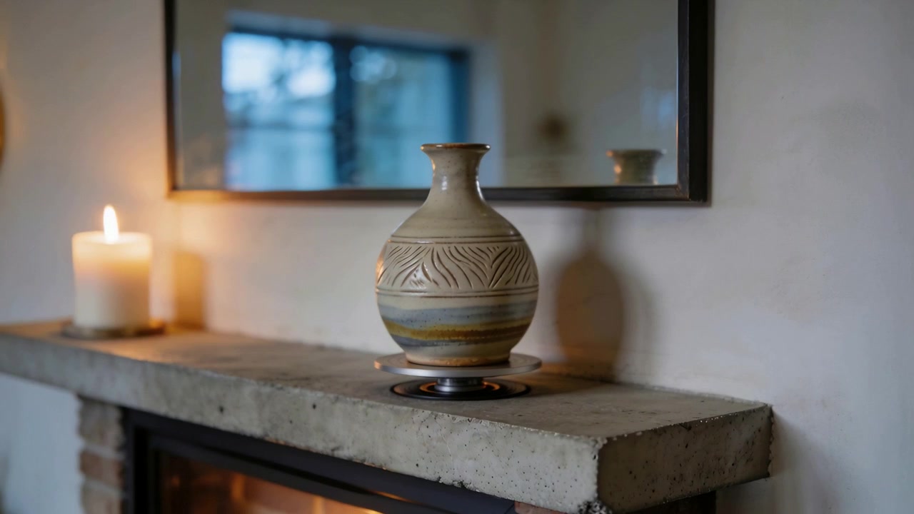 Sequence starting, camera pulling back revealing vase on ring base at hearth with candle, fire glow