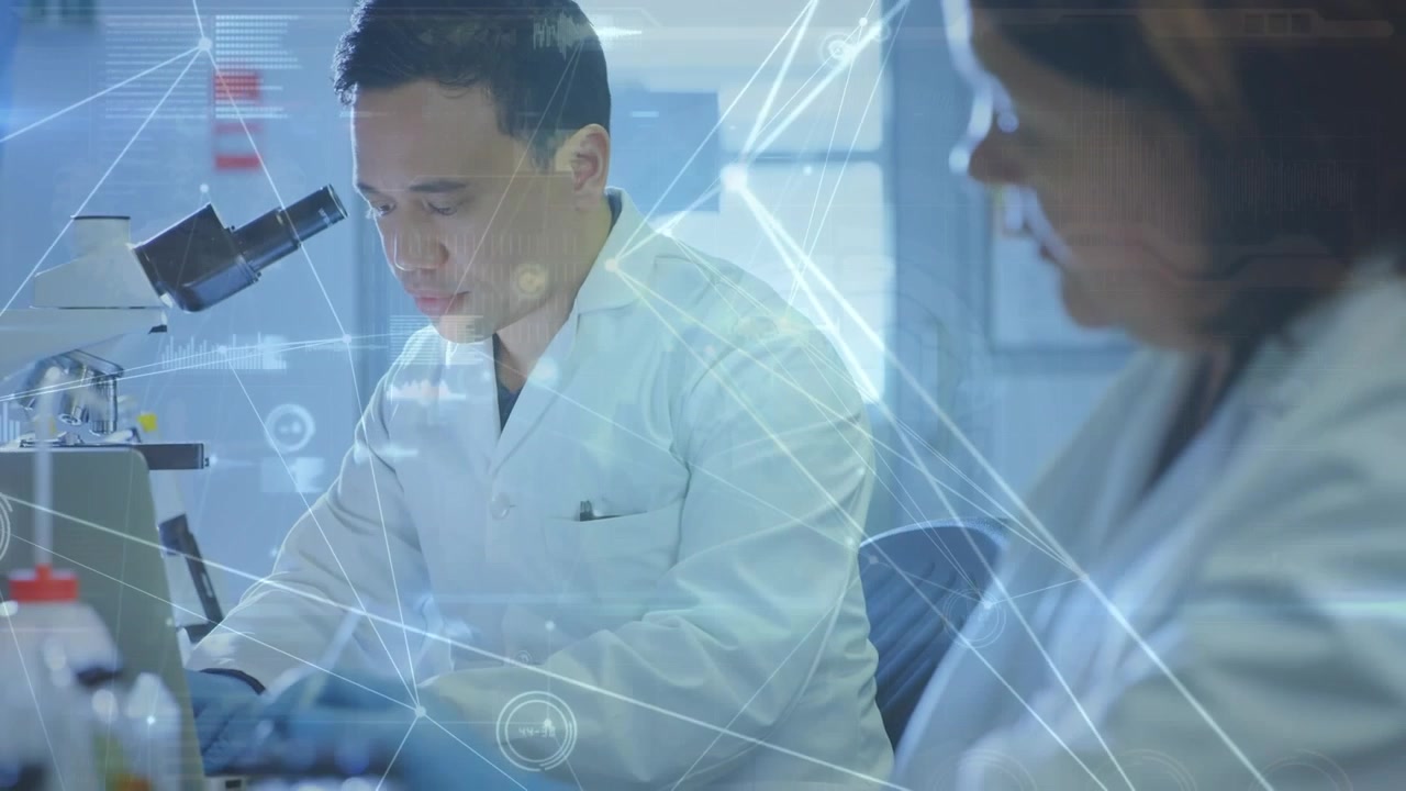 Animation of network of connections and data processing over asian male scientist using microscope