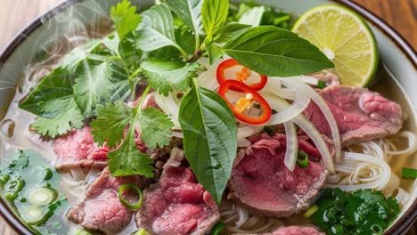 deliciously crafted bowl of pho with tender beef slices, fresh herbs, and aromatic ingredients, perfectly garnished with lime and chilies, enhancing flavor and presentation