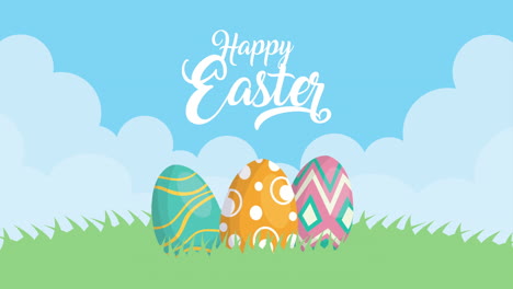 happy easter animated card with eggs painted in the field