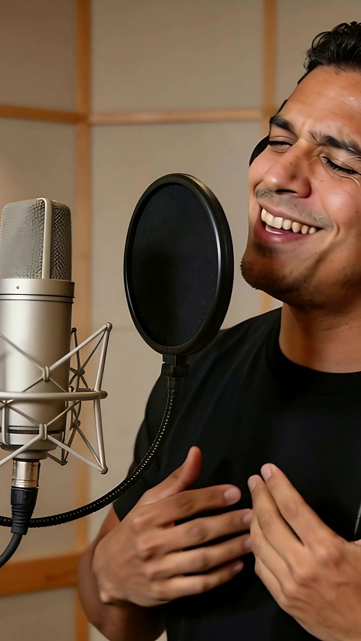 Video verticale: Cantante che canta in maglietta nera a tempo in cabina, registrando con microfono e filtro anti-pop
