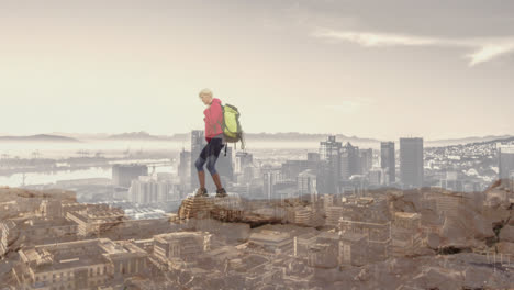 composite of caucasian senior woman hiking on mountain, and modern cityscape