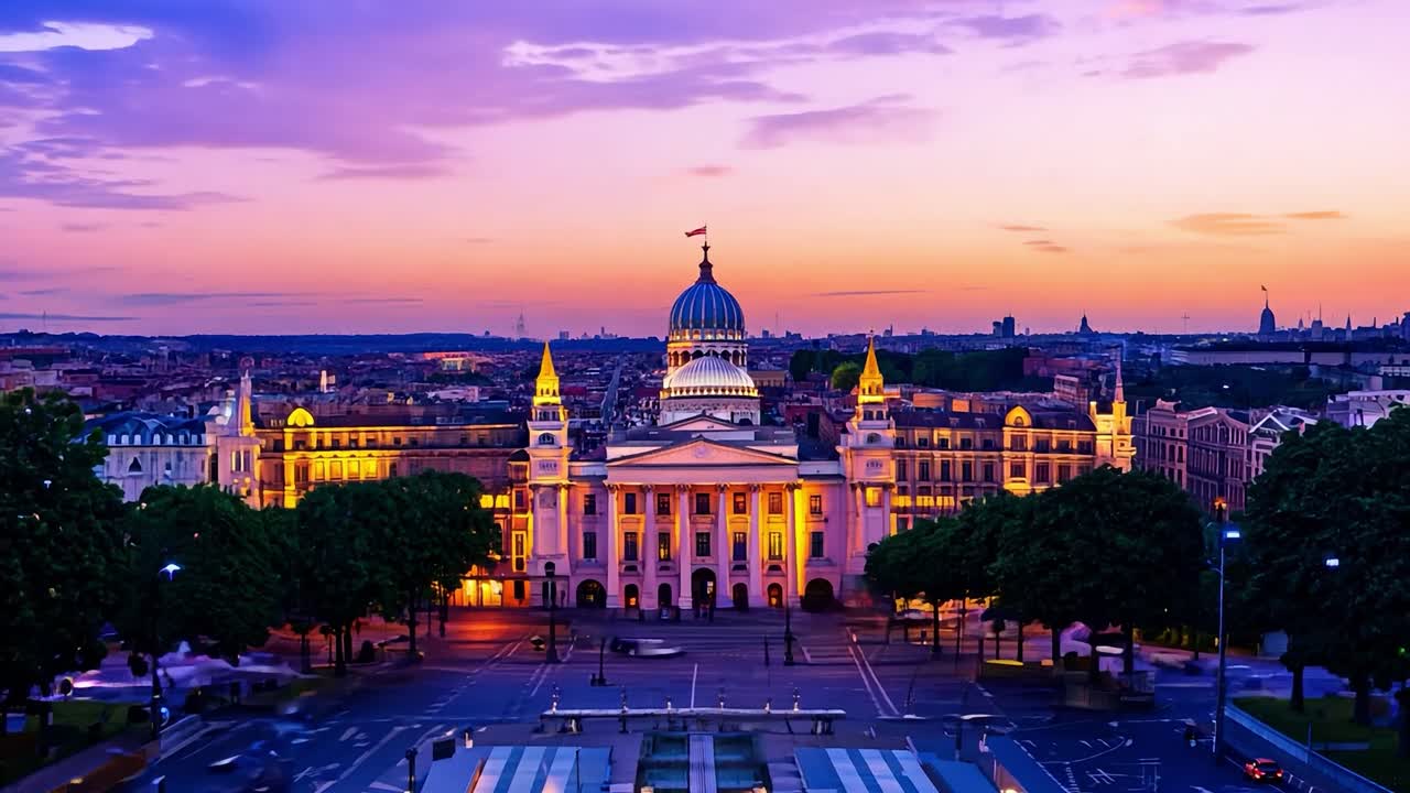 불빛으로 빛나는 함부르크 증권거래소를 둘러싼 도시 풍경은 낮이 밤으로 변함에 따라 매혹적인 변화를 겪습니다.