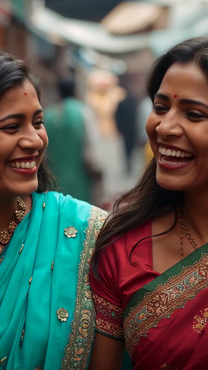 वर्टिकल वीडियो: दो महिलाएँ रंगीन साड़ियों में बाज़ार में एक दूसरे को देख कर मुस्कुराते हुए चल रही हैं।
