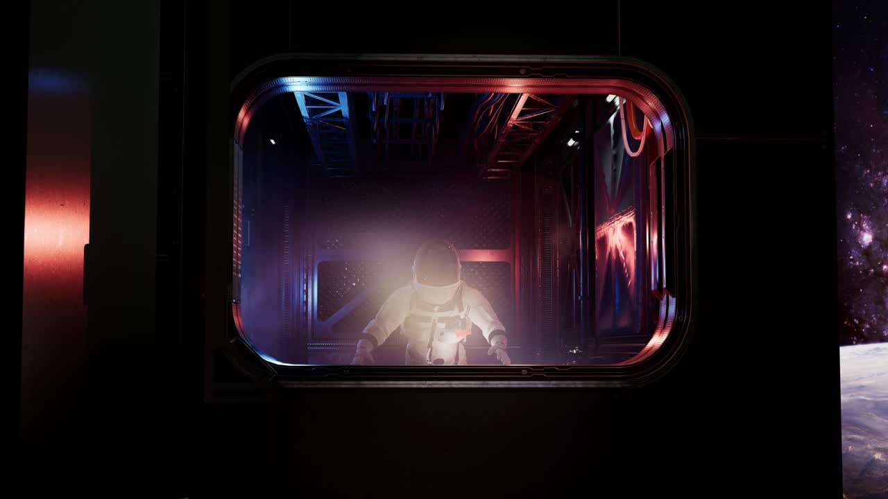 astronauta solo en el corredor espacial futurista observando la tierra y las estrellas. mirando a través de la ventana. animación 3d