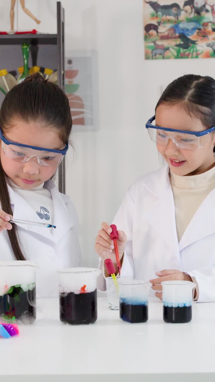 Dua gadis muda berjas lab menggunakan pipet dan gelas kimia untuk eksperimen sains di dalam ruangan.