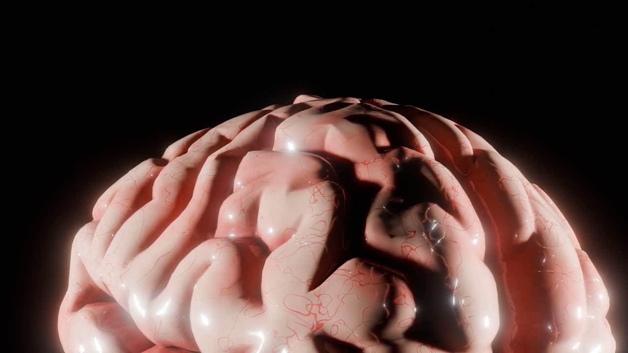 Human brain 3D render showing close-up view of cerebral cortex with lightning-like neural activity. Artificial intelligence and neuroscience concept.