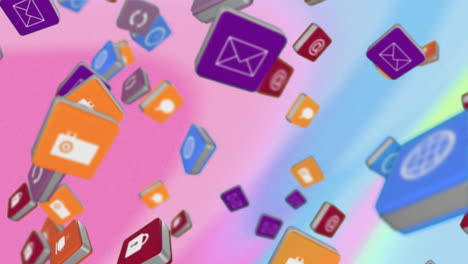 animación de múltiples iconos en fondo rosa y azul.