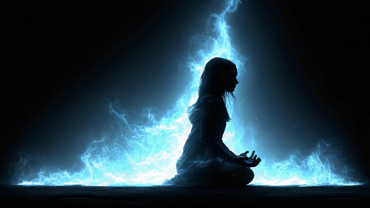 Una figura serena medita tra un'energia blu eterea, simboleggiando armonia, introspezione e la natura espansiva della coscienza in una visualizzazione accattivante.