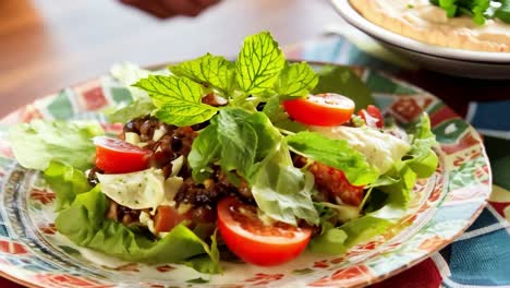 a delicious salad with tomatoes, lettuce, and green herbs