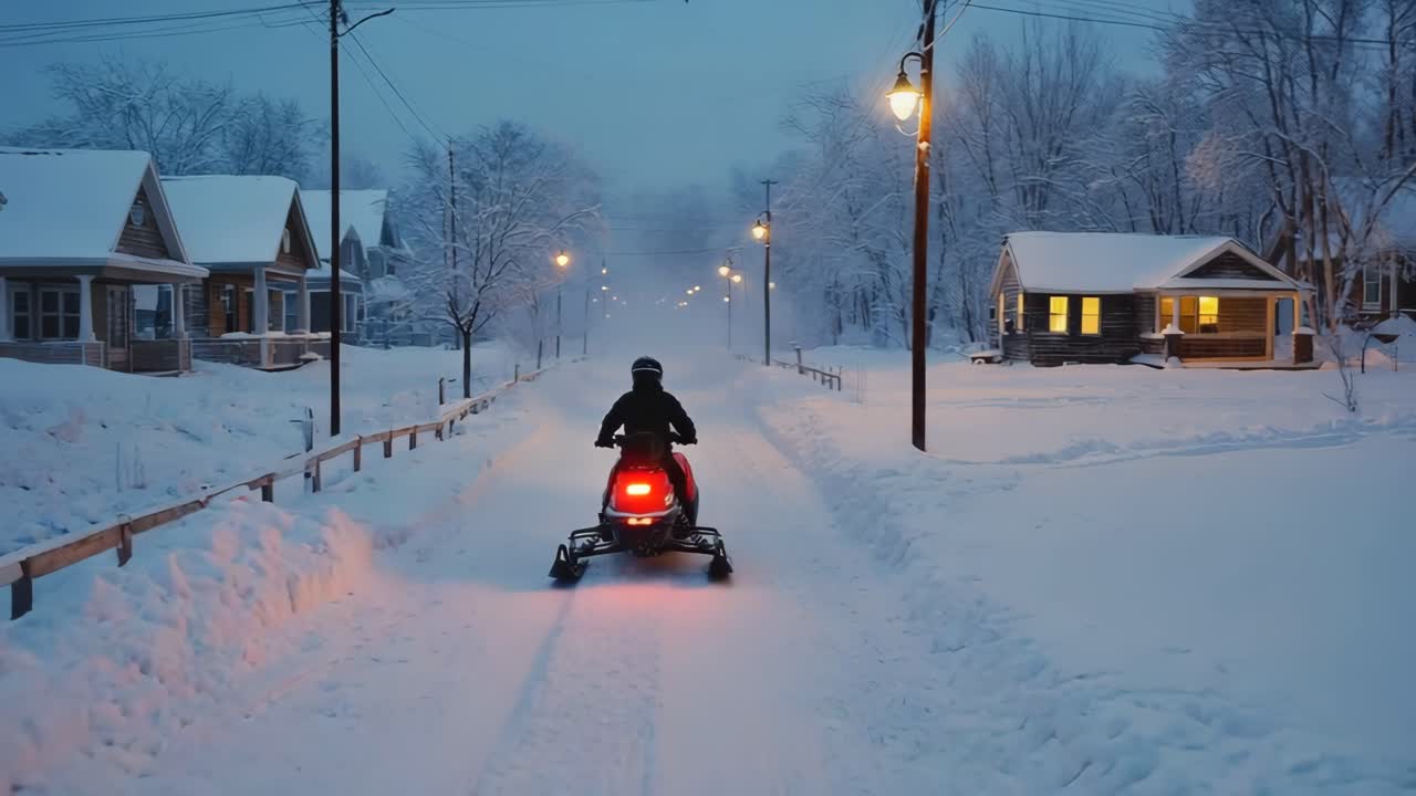 Snowmobile Ride on Snowy Street in Winter