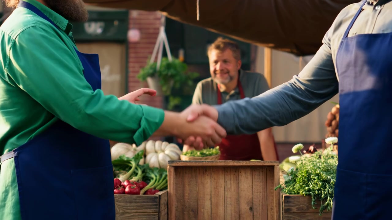Two smiling vendors greet with handshake beside colorful market display of produce, flowers, herbs, wooden crates, natural daylight, casual teamwork, local commerce, friendly street atmosphere