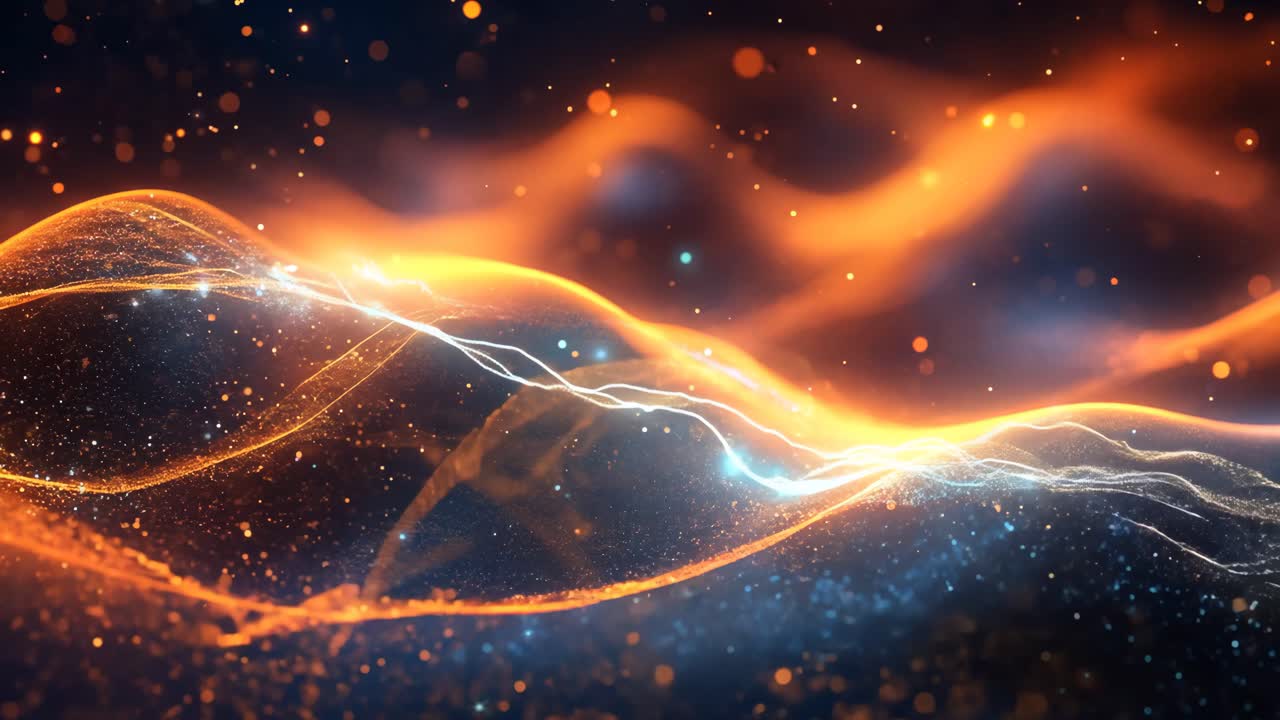 A beautiful, glowing wave of light that stretches across the sky. The light is accompanied by a multitude of stars, some of which are orange in color. The scene is filled with a sense of wonder