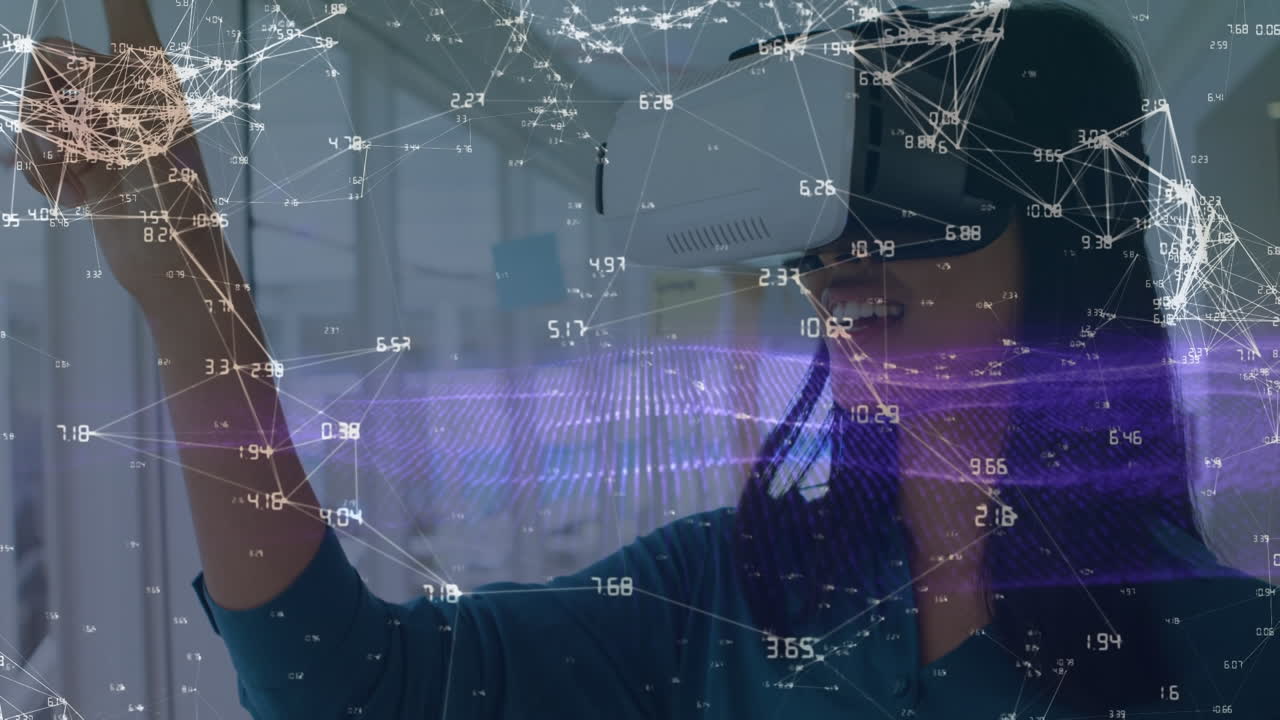 Animation of network of connections over caucasian businesswoman using vr headset