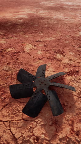 a rusty fan blade lies on the cracked, red ground in the desert