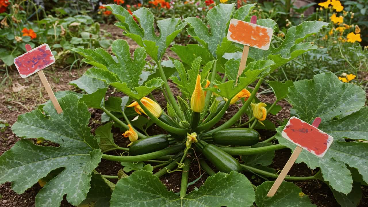 Vibrant Garden Display Featuring Brightly Colored Signs Marking Fresh Zucchini Plants Surrounded by Lush Green Foliage and Colorful Blossoms