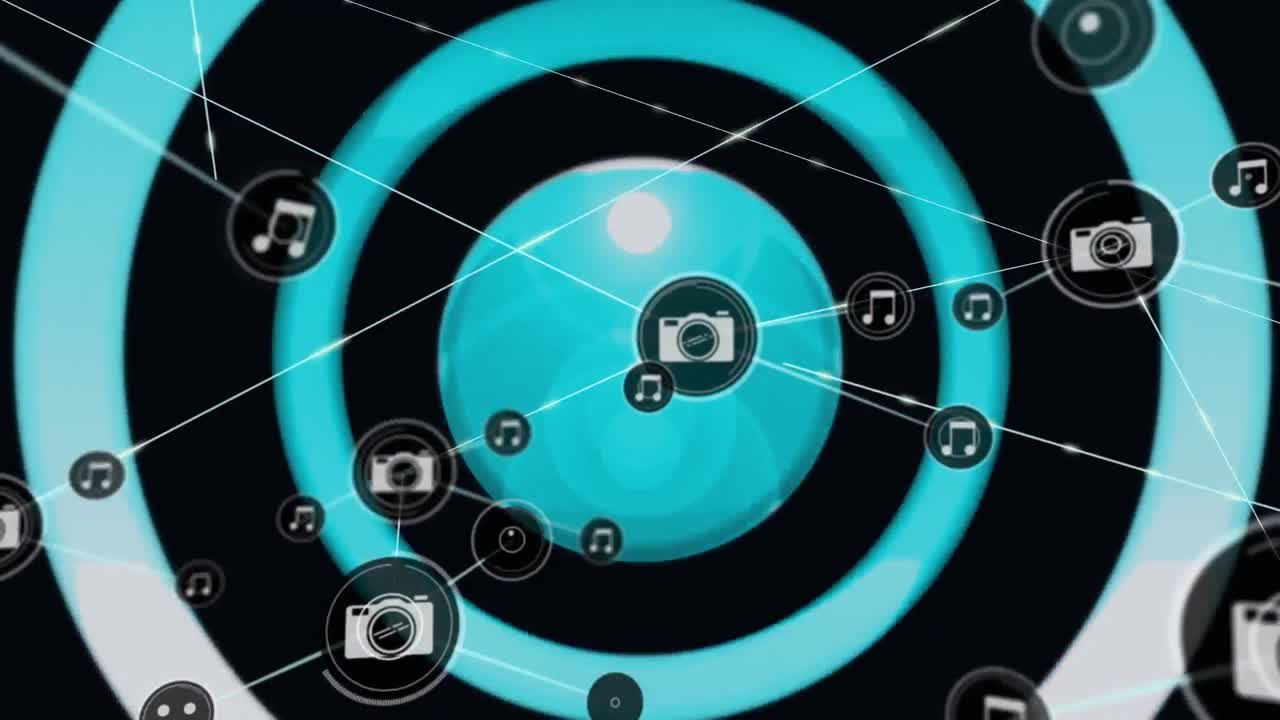 animación de la red de conexiones con iconos de cámaras digitales sobre círculos de neón rojos